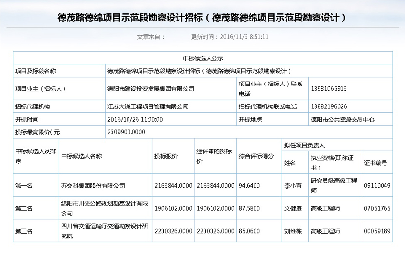 2016年11月3號德茂路中標公示